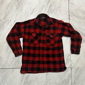 King Kole distressed Buffalo Plaid Wool Flannel Button Up Vintage 60s 70s